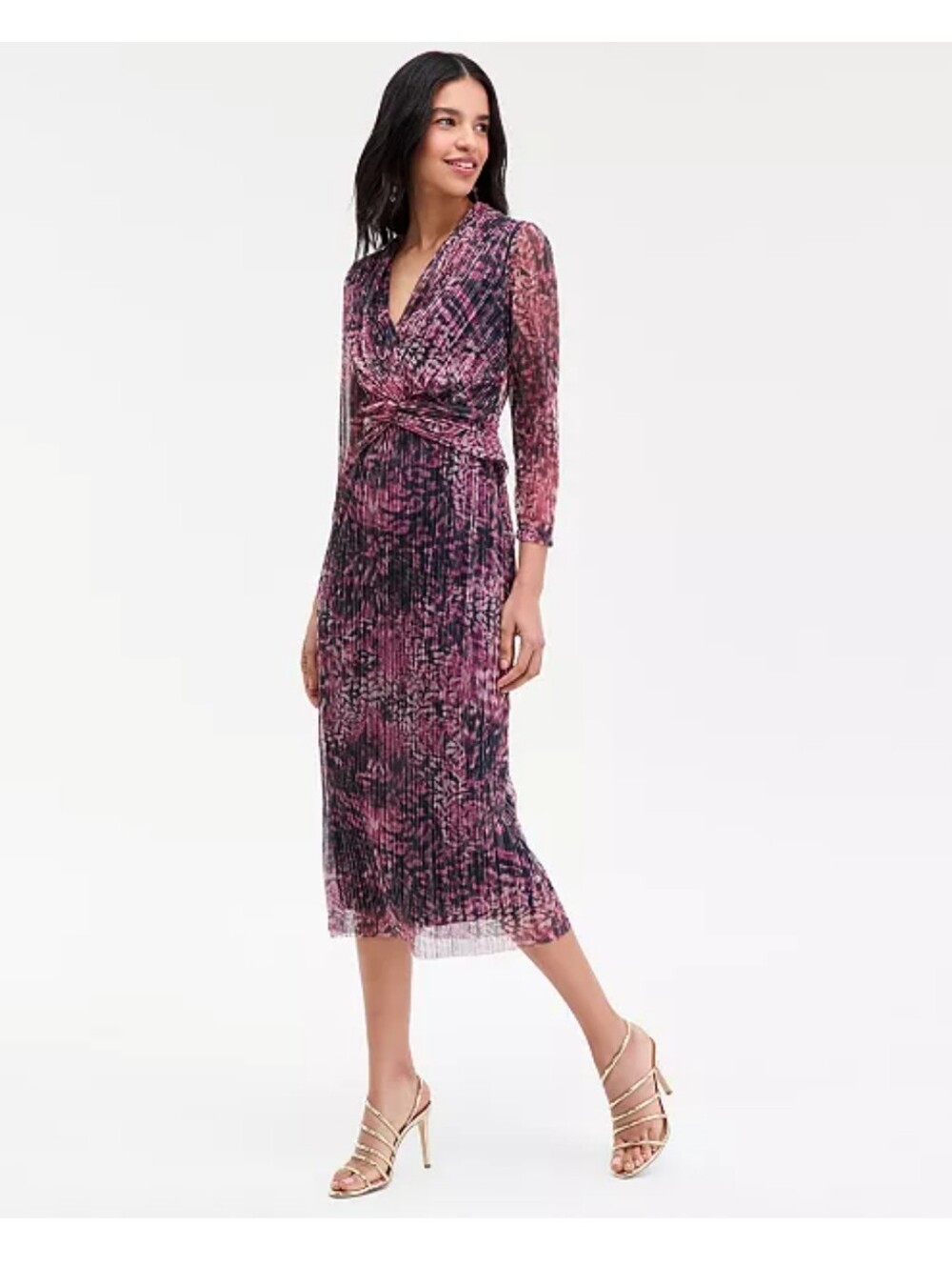 NWT Anne Klein Lotus Pink Multi Pleated Faux Wrap Midi Dress Size 12 $149